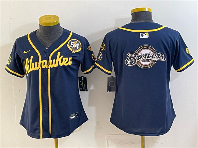 Youth Milwaukee Brewers Team Big Logo Navy With Home & Bob Uecker Patch Limited Stitched Jersey
